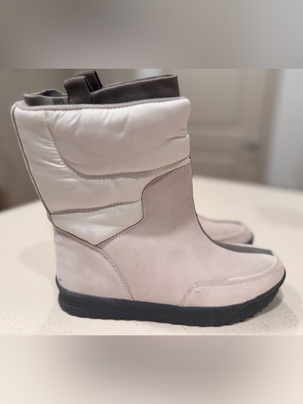 Lands' End Quilted Suede Winter Snow Boots Off White Gray Size 8B